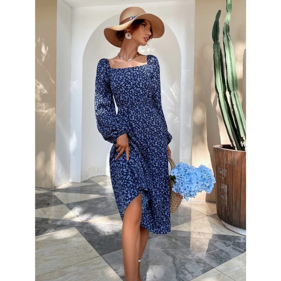 boho Floral print Lace Up backless long sleeve square neck midi Dress blue - Picture 5 of 5